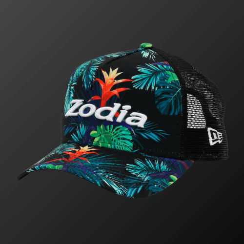 Botanical Mesh Cap featuring a vibrant botanical pattern in black with Zodia logo for a resort-like summer style.
