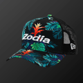 Botanical Mesh Cap featuring a vibrant botanical pattern in black with Zodia logo for a resort-like summer style.