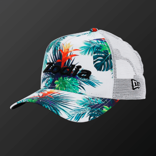 Botanical Mesh Cap featuring a vibrant botanical pattern in white, perfect for summer styling.