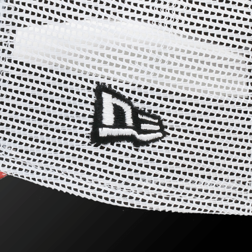 Botanical Mesh Cap woven fabric close-up showcasing the logo in black on a white mesh design