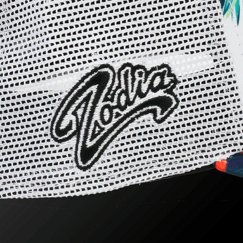 Detail of the Botanical Mesh Cap showcasing the Zodia logo and breathable mesh fabric.
