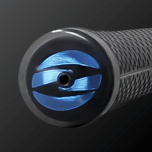 Close-up of CADERO 2x2 PENTAGON UT type Zodia logo grip in black with blue logo and textured rubber design.