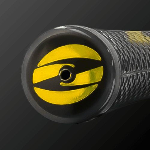 Close-up of CADERO 2x2 PENTAGON UT type Zodia logo showing the unique yellow groove design on a black rubber grip.