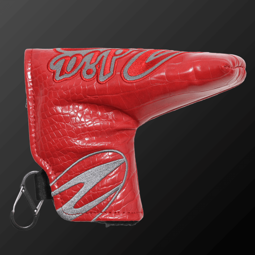 Caiman Pattern Putter Cover (Wide Type) in vibrant red with croc texture and secure fitting for putter protection.