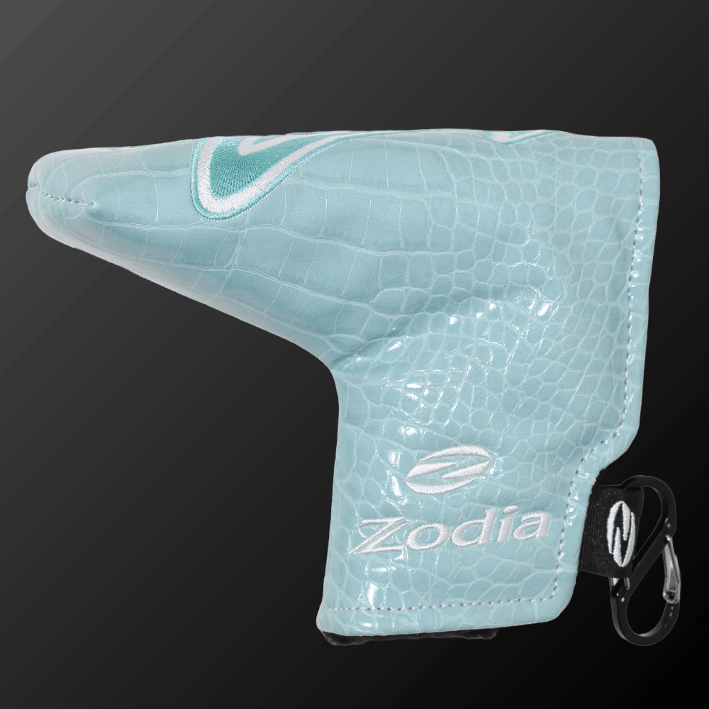 Caiman Pattern Putter Cover (Wide Type) in light blue with Zodia logo, designed for blade and mallet putter heads.