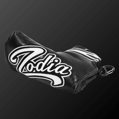 Caiman Pattern Putter Cover (Wide Type) in black and white, featuring Zodia branding and designed for various putter shapes.