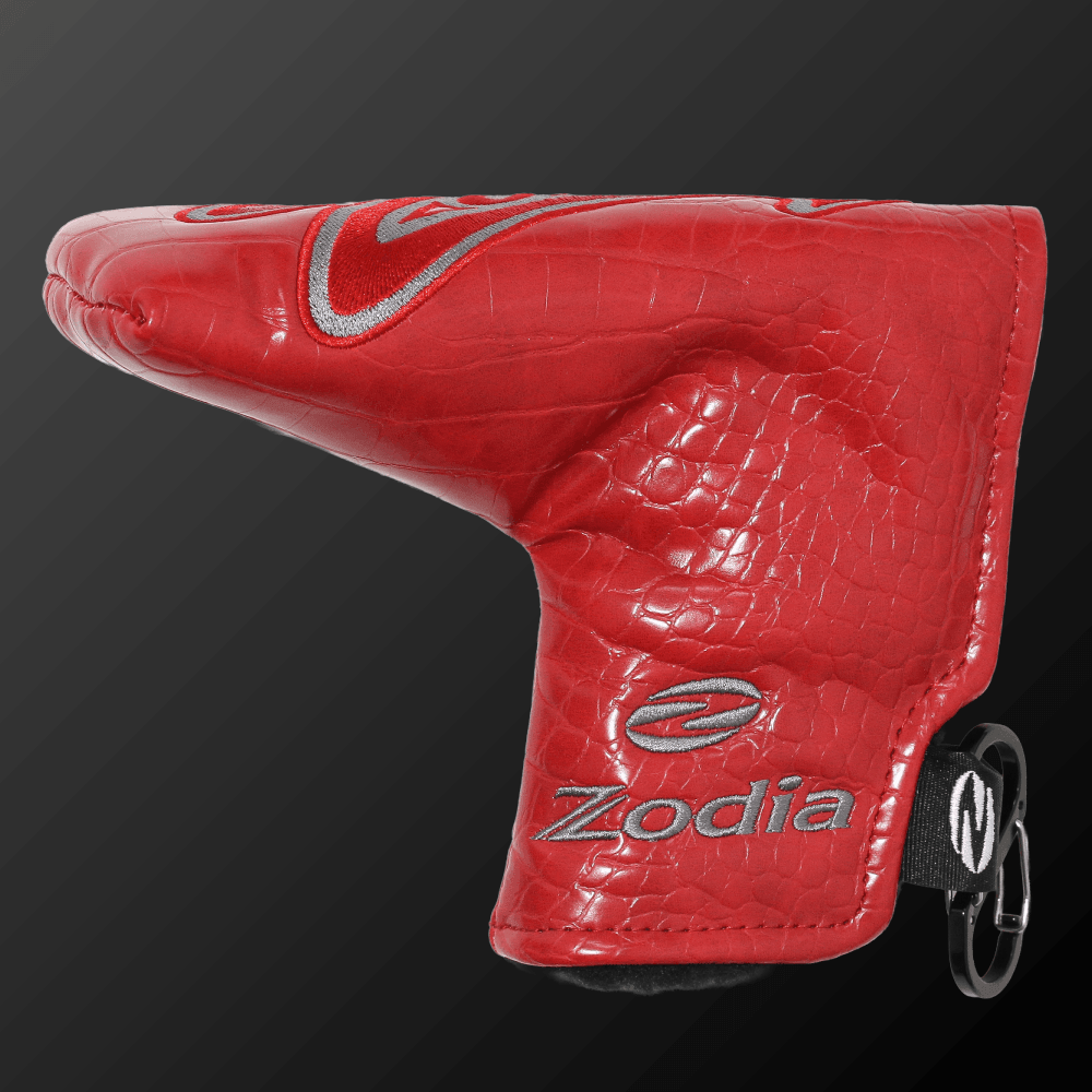 Caiman Pattern Putter Cover (Wide Type) in red leather with Zodia logo, designed to protect your putter.