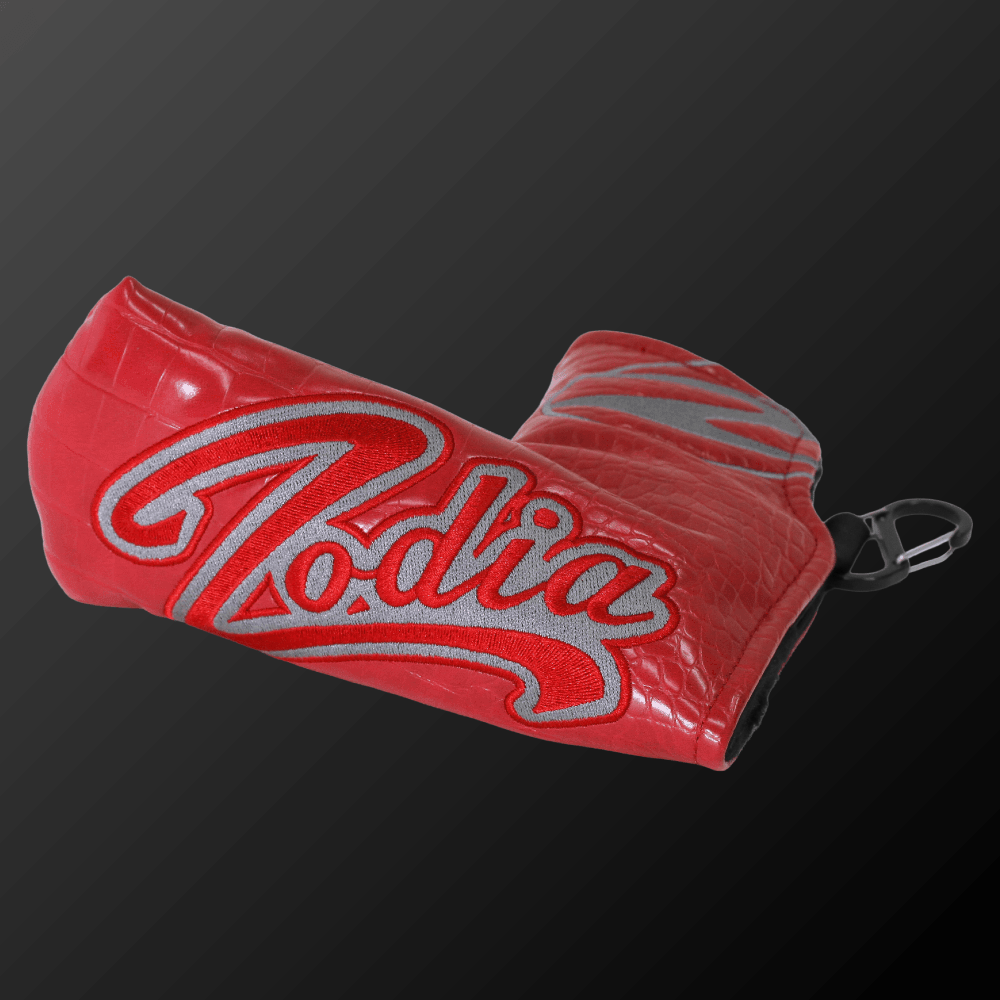 Caiman Pattern Putter Cover (Wide Type) in red with Zodia logo, designed for blade and mallet putters.