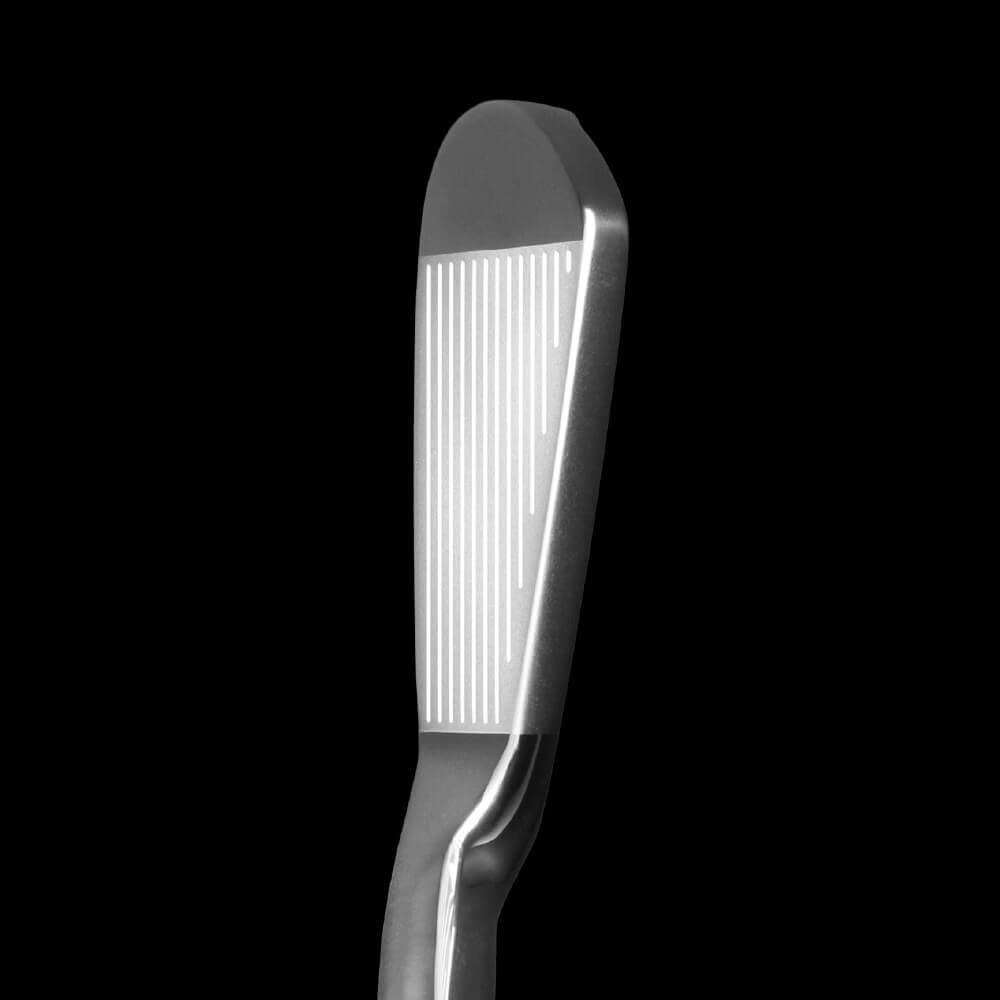 Cavity Badge Chrome golf club head showing sharp face shape and face milling design.