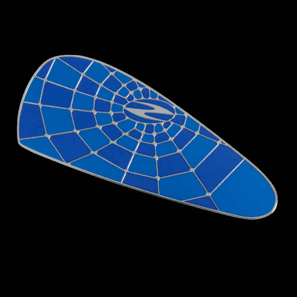 Cavity Badge DLC Black: Stylish blue badge with a web design, showcasing innovation and lightweight forging.