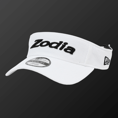 Diamond Era Sun Visor in white with Zodia logo, breathable, moisture-wicking, and UV protection features.
