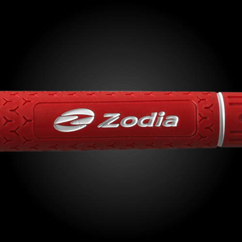 Elite Y360°S Grip Zodia Logo close-up of the red grip highlighting the Zodia logo.
