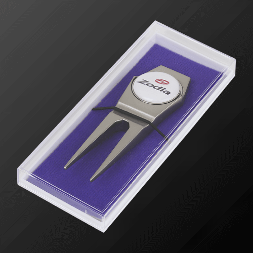 Green Fork in a clear case with purple lining, ideal for marking pitch marks on the green.