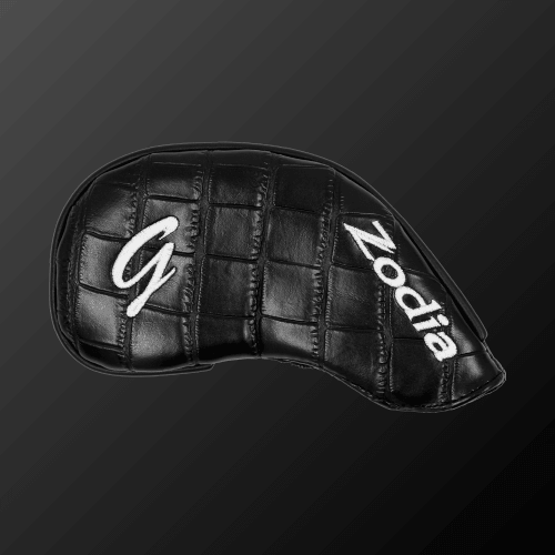 Iron cover with a sleek black PU leather design, featuring a logo, perfect for protecting irons and wedges.