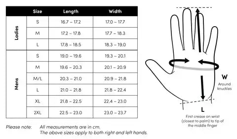 Size chart for Original Gloves with length and width measurements for men's and women's sizes.