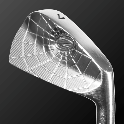 Close-up of the Spider Muscle golf club head showcasing unique spider design and GM finish.