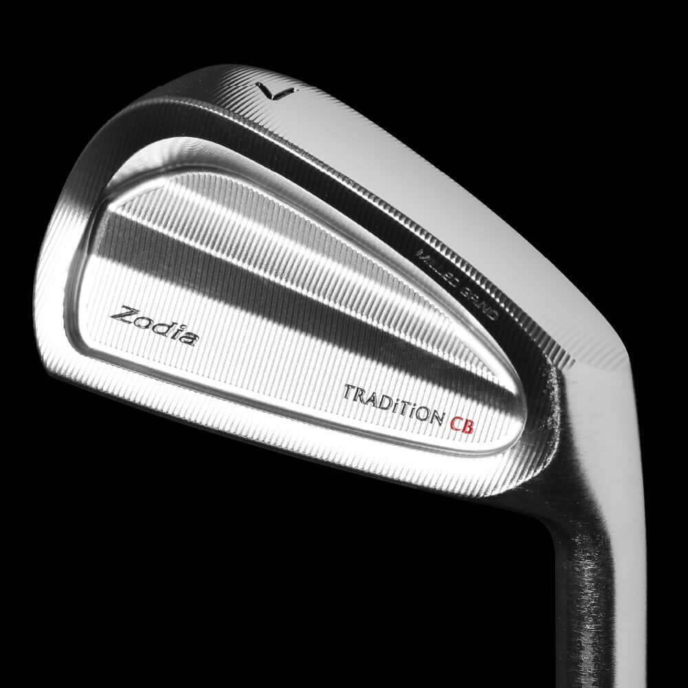 Close-up of Zodia TRADITION CB golf club head showcasing CNC milling and polished finish.