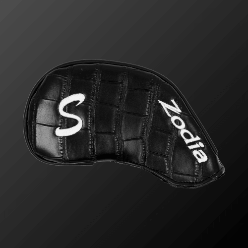 Iron cover in black PU leather with S and Zodia embroidery, featuring stain-resistant and waterproof design.