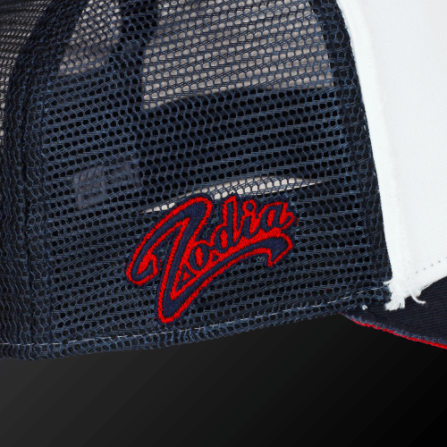 Zodia × NEW ERA 9FORTY Sequin Logo Cap close-up showing red embroidered logo on mesh back.