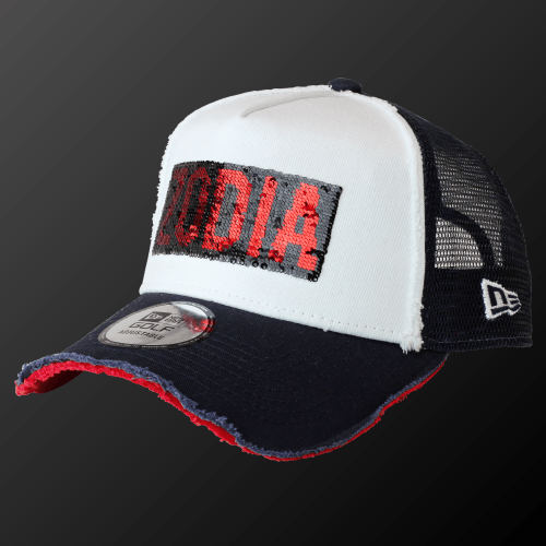Zodia × NEW ERA 9FORTY Sequin Logo Cap featuring reversible sequins in tricolor design.