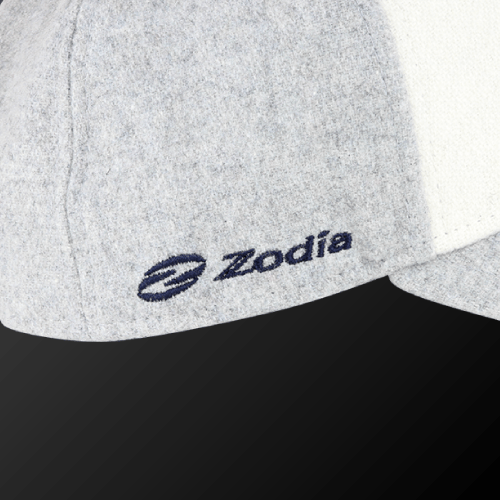 Zodia × NEW ERA Wool Cap in gray with navy logo details, showcasing A-Frame Trucker style.