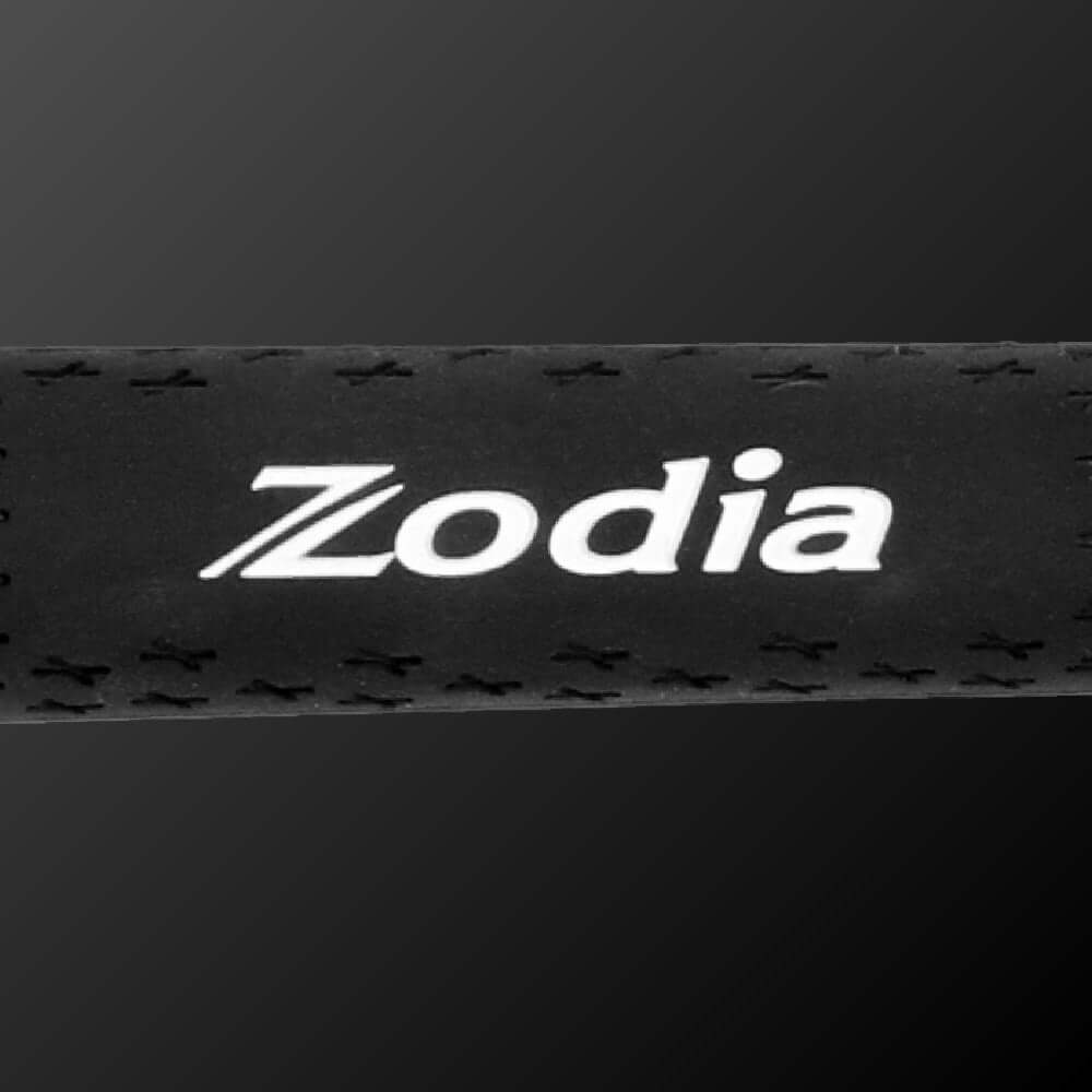 Silky Rubber Grip with Zodia logo, showcasing a textured design for optimal handling in all conditions.